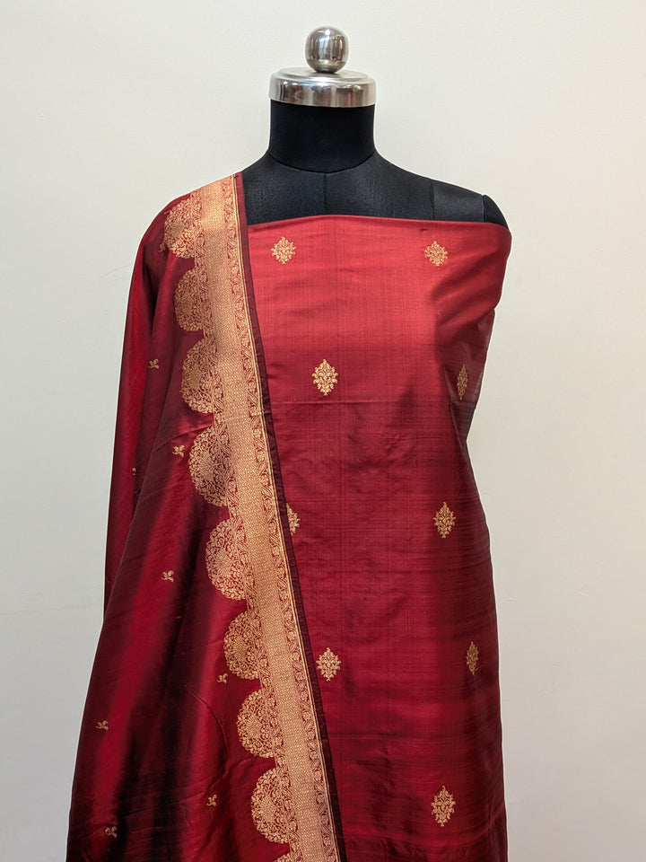 Maroon Katan Silk Handwoven Banarasi Suit Set - Aura Benaras