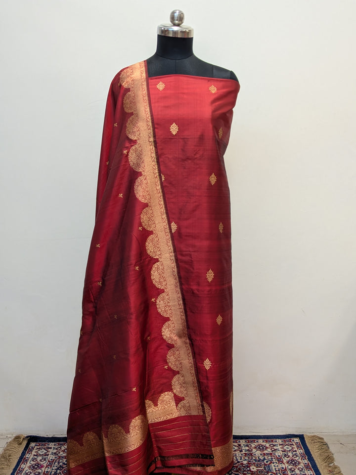 Maroon Katan Silk Handwoven Banarasi Suit Set - Aura Benaras