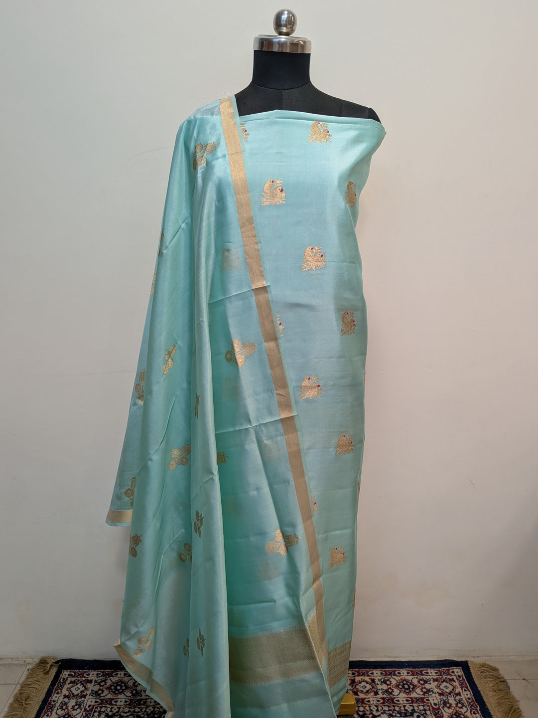 Pastel Sky Blue Pure Banarasi Silk Unstitched Suit Kadhwa Work