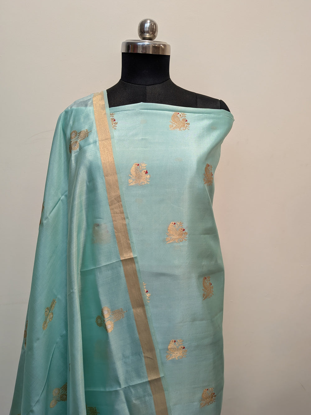 Pastel Sky Blue Pure Banarasi Silk Unstitched Suit Kadhwa Work