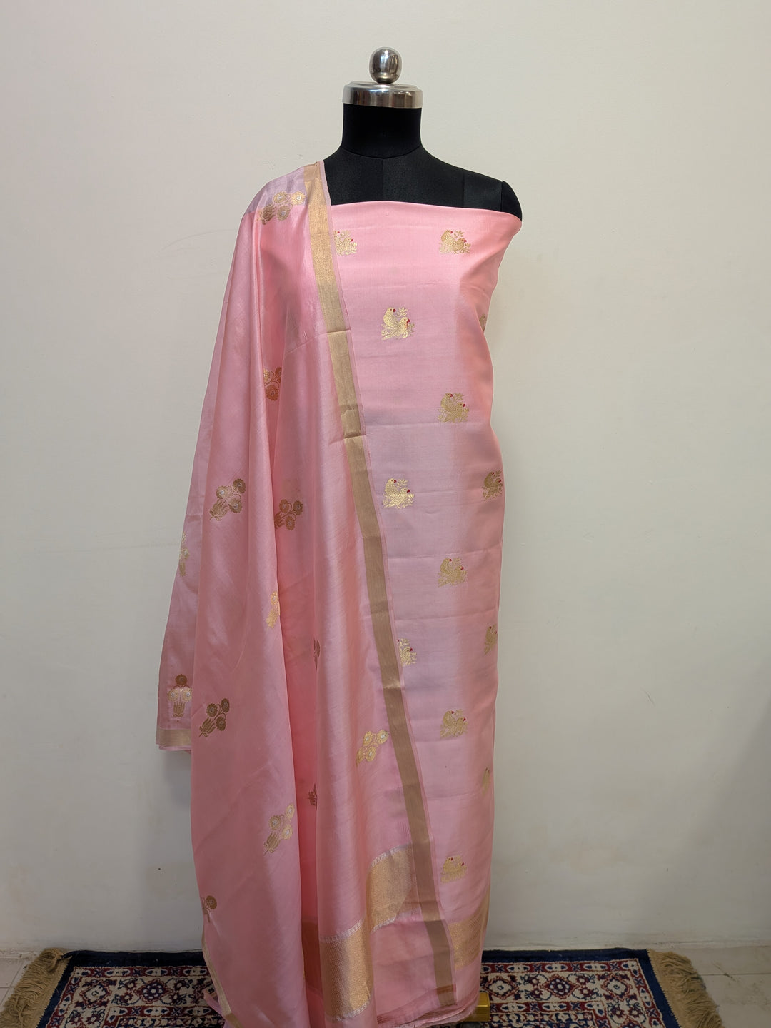 Peaches Pink Pure Banarasi Silk Unstitched Suit Kadhwa Work