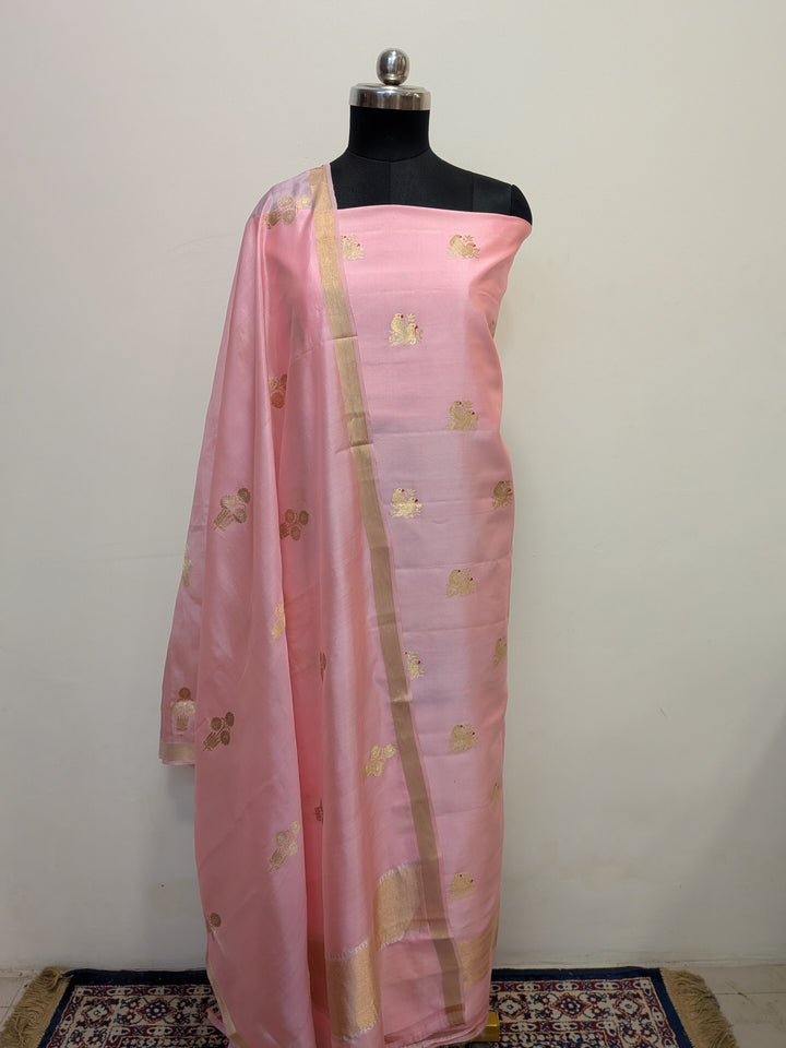 Peaches Pink Pure Banarasi Silk Unstitched Suit Kadhwa Work