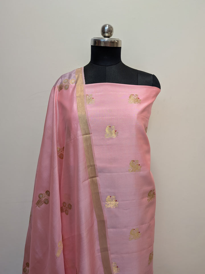 Peaches Pink Pure Banarasi Silk Unstitched Suit Kadhwa Work
