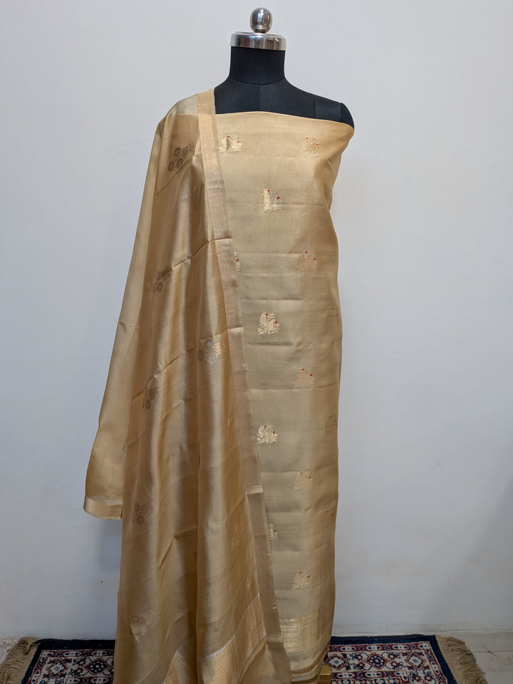 Golden Pure Banarasi Silk Unstitched Suit Kadhwa Work