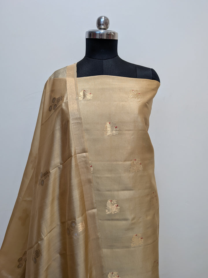 Golden Pure Banarasi Silk Unstitched Suit Kadhwa Work