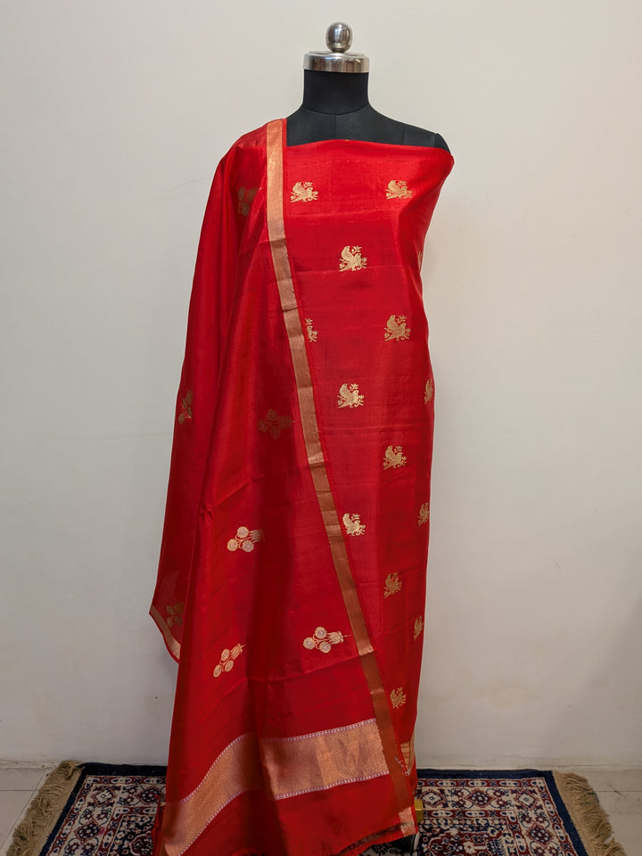 Red Pure Banarasi Silk Unstitched Suit Kadhwa Work