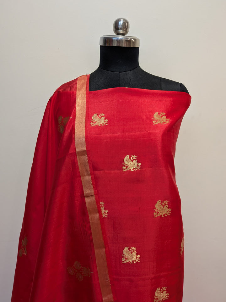 Red Pure Banarasi Silk Unstitched Suit Kadhwa Work