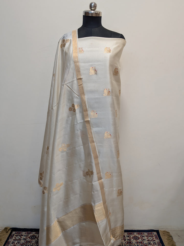Cream Pure Banarasi Silk Unstitched Suit Kadhwa Work