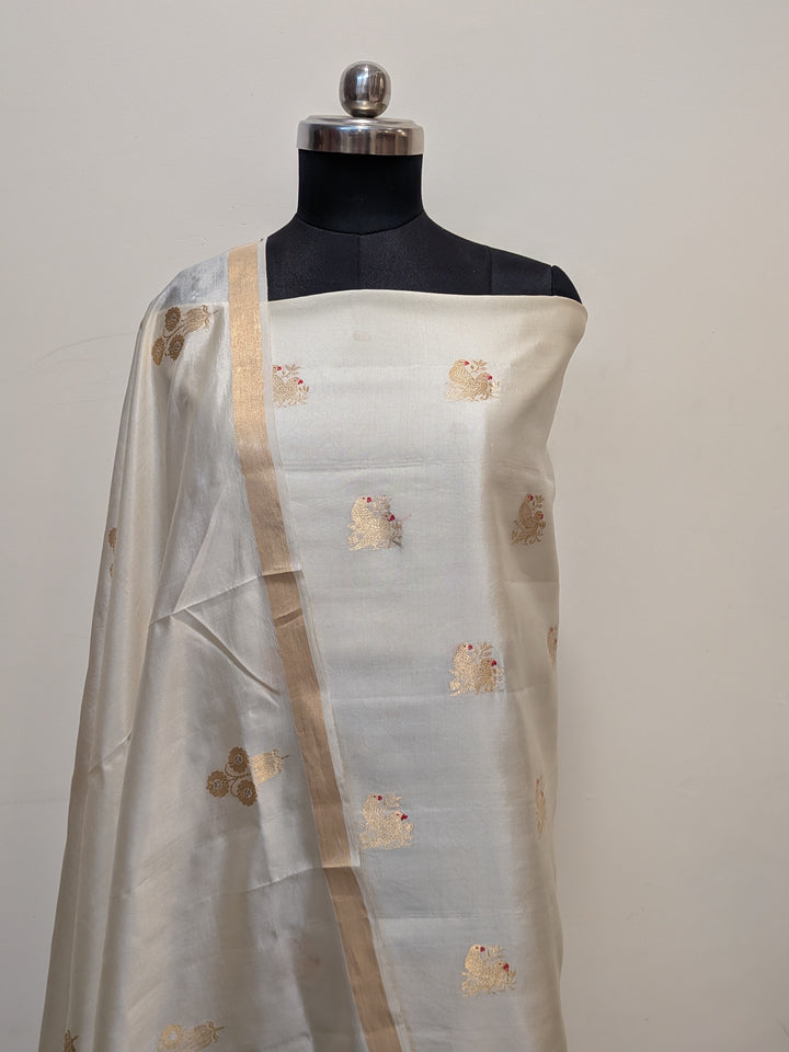 Cream Pure Banarasi Silk Unstitched Suit Kadhwa Work