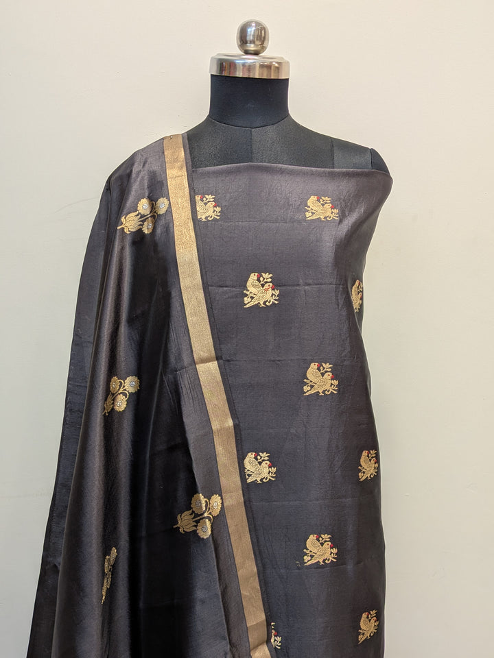 Black Pure Banarasi Silk Unstitched Suit Kadhwa Work