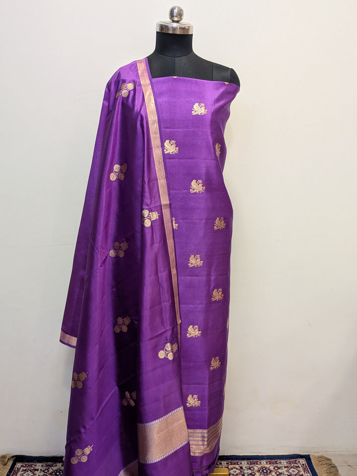 Purple Pure Banarasi Silk Unstitched Suit Kadhwa Work