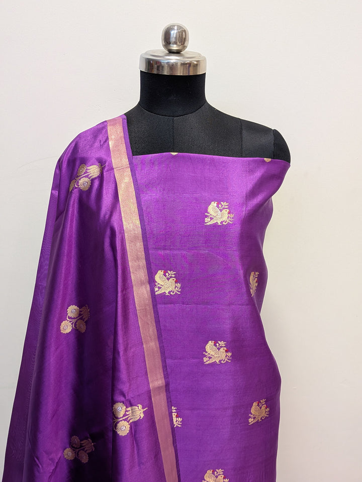 Purple Pure Banarasi Silk Unstitched Suit Kadhwa Work