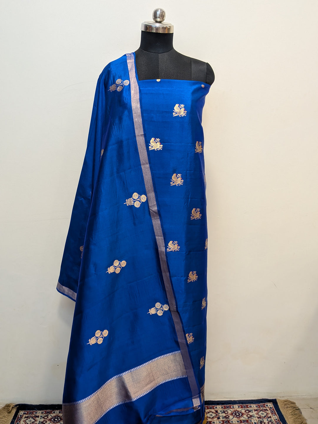 Royal Blue Pure Banarasi Silk Unstitched Suit Kadhwa Work