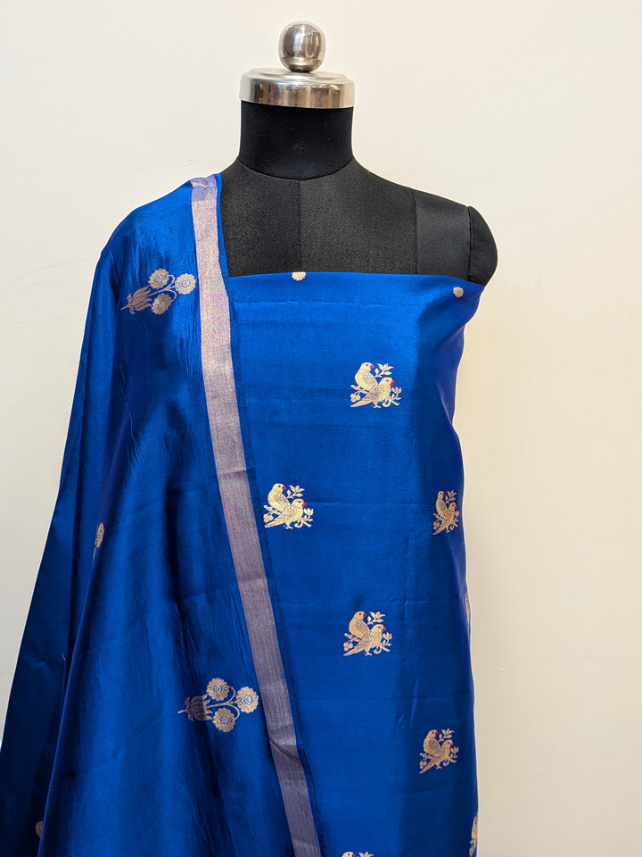 Royal Blue Pure Banarasi Silk Unstitched Suit Kadhwa Work