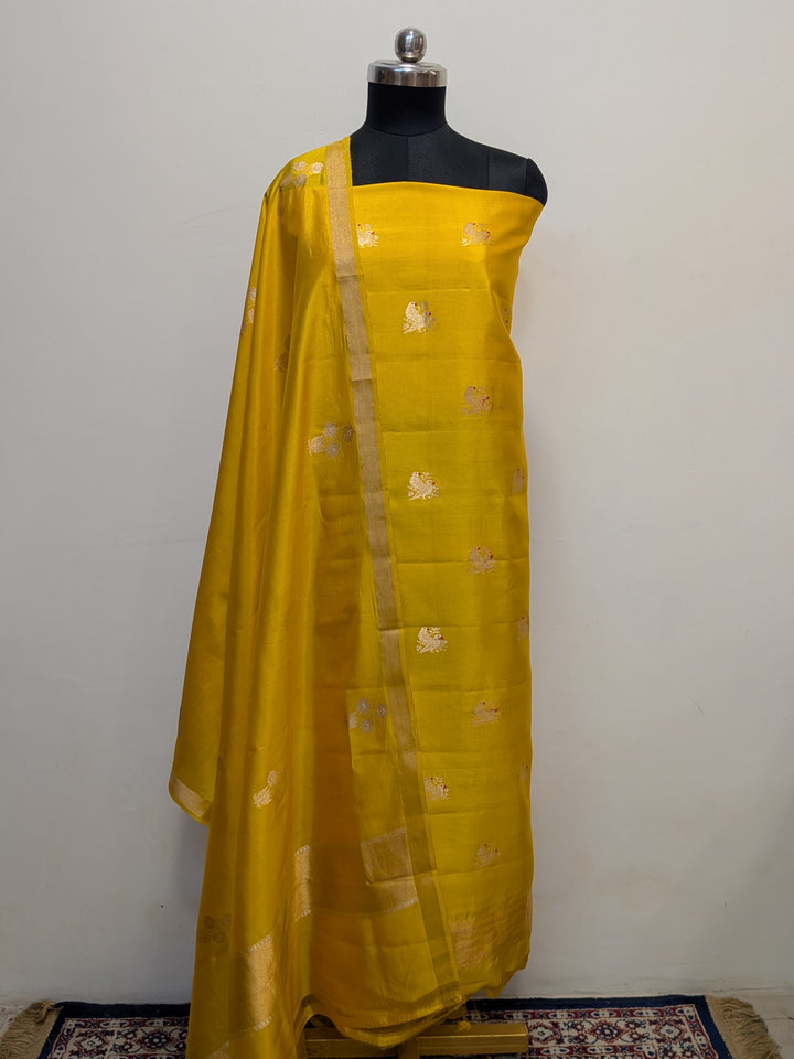 Yellow Pure Banarasi Silk Unstitched Suit Kadhwa Work