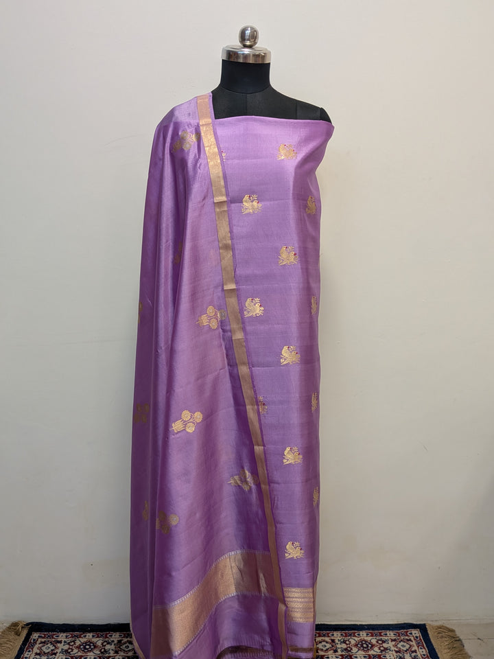 Lavender Pure Banarasi Silk Unstitched Suit Kadhwa Work