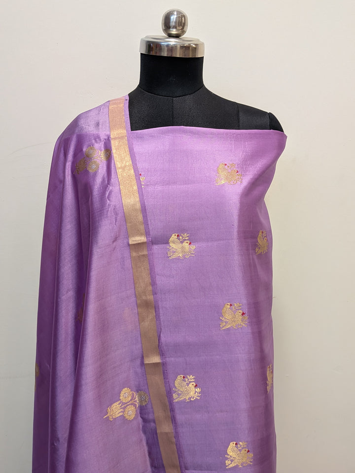 Lavender Pure Banarasi Silk Unstitched Suit Kadhwa Work
