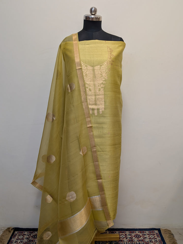 Pastel Olive Green Banarasi Raw Silk Unstitched Suit with Kadhwa Work