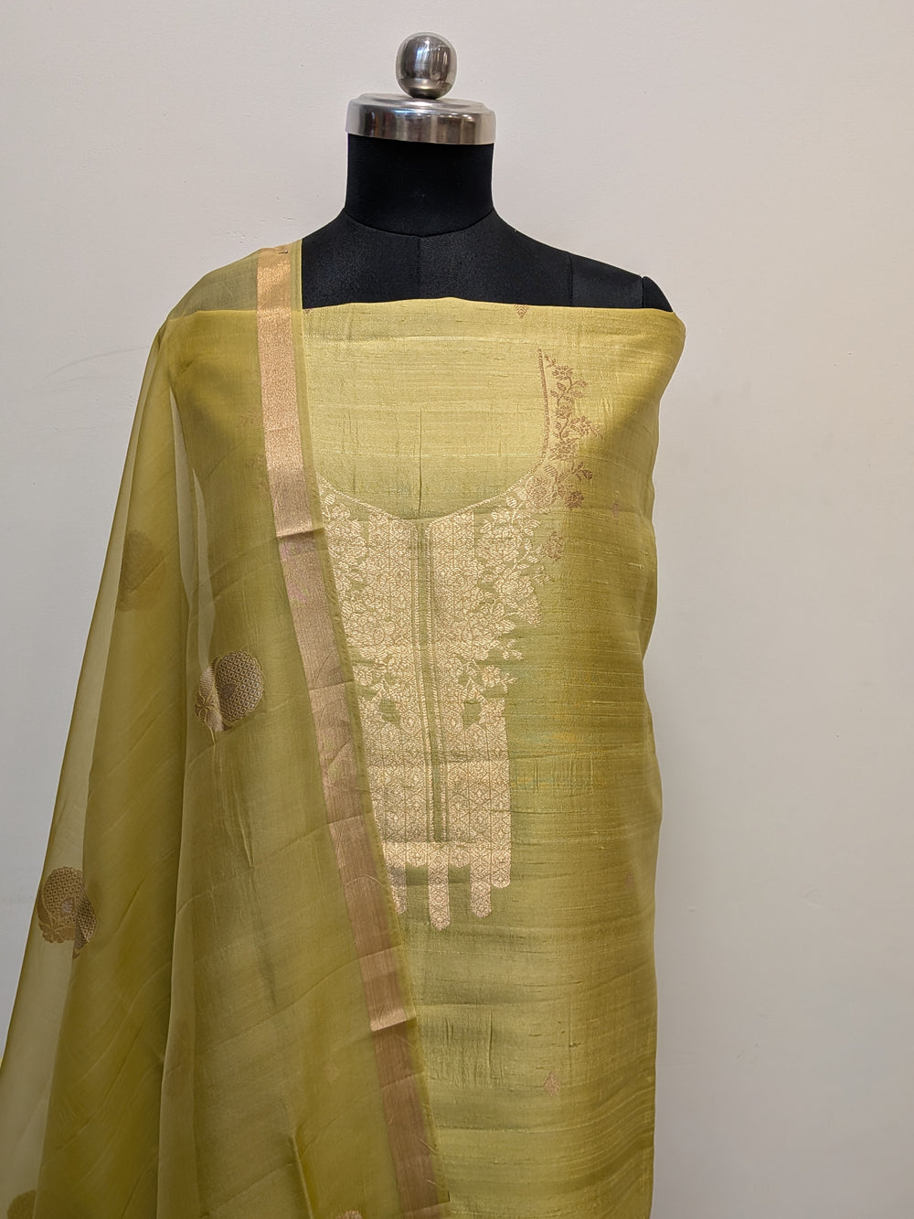 Pastel Olive Green Banarasi Raw Silk Unstitched Suit with Kadhwa Work