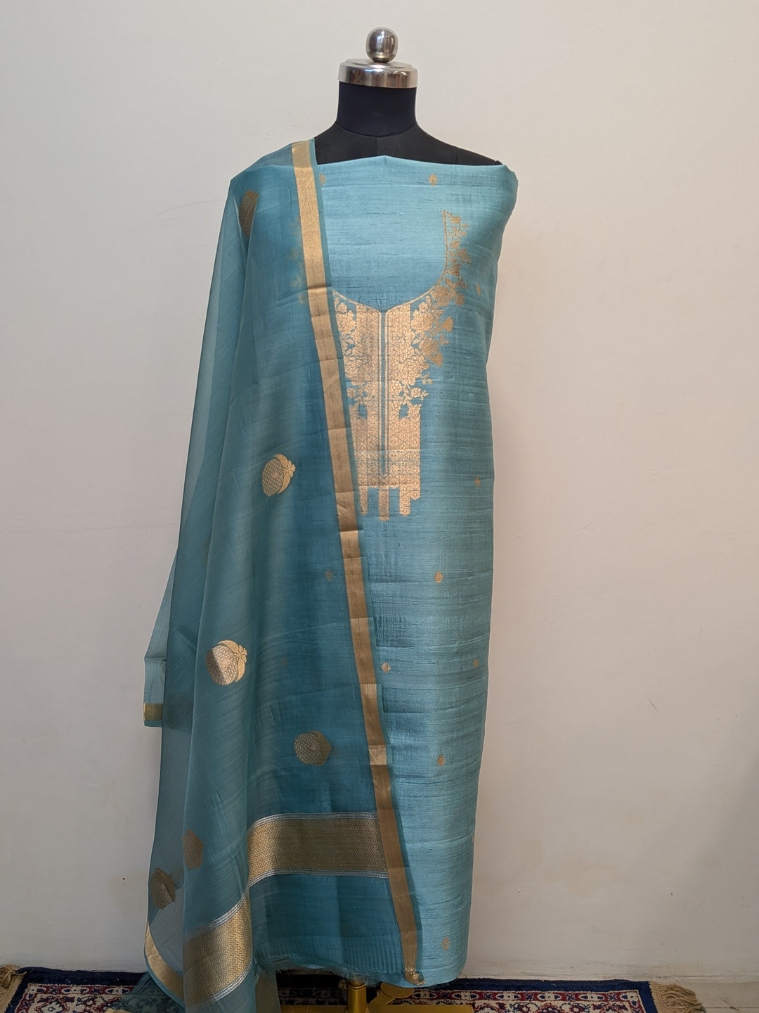 Dusty Aqua Blue Banarasi Raw Silk Unstitched Suit with Kadhwa Work
