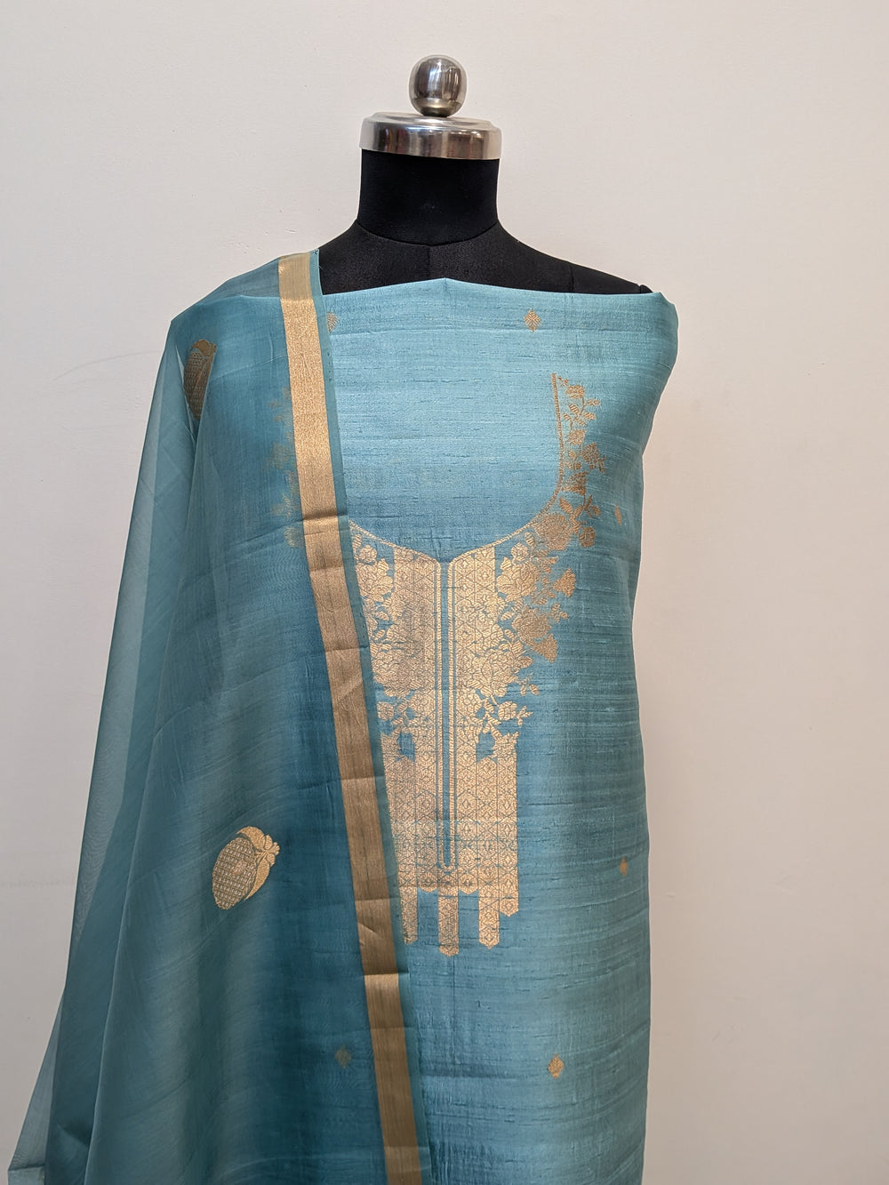 Dusty Aqua Blue Banarasi Raw Silk Unstitched Suit with Kadhwa Work