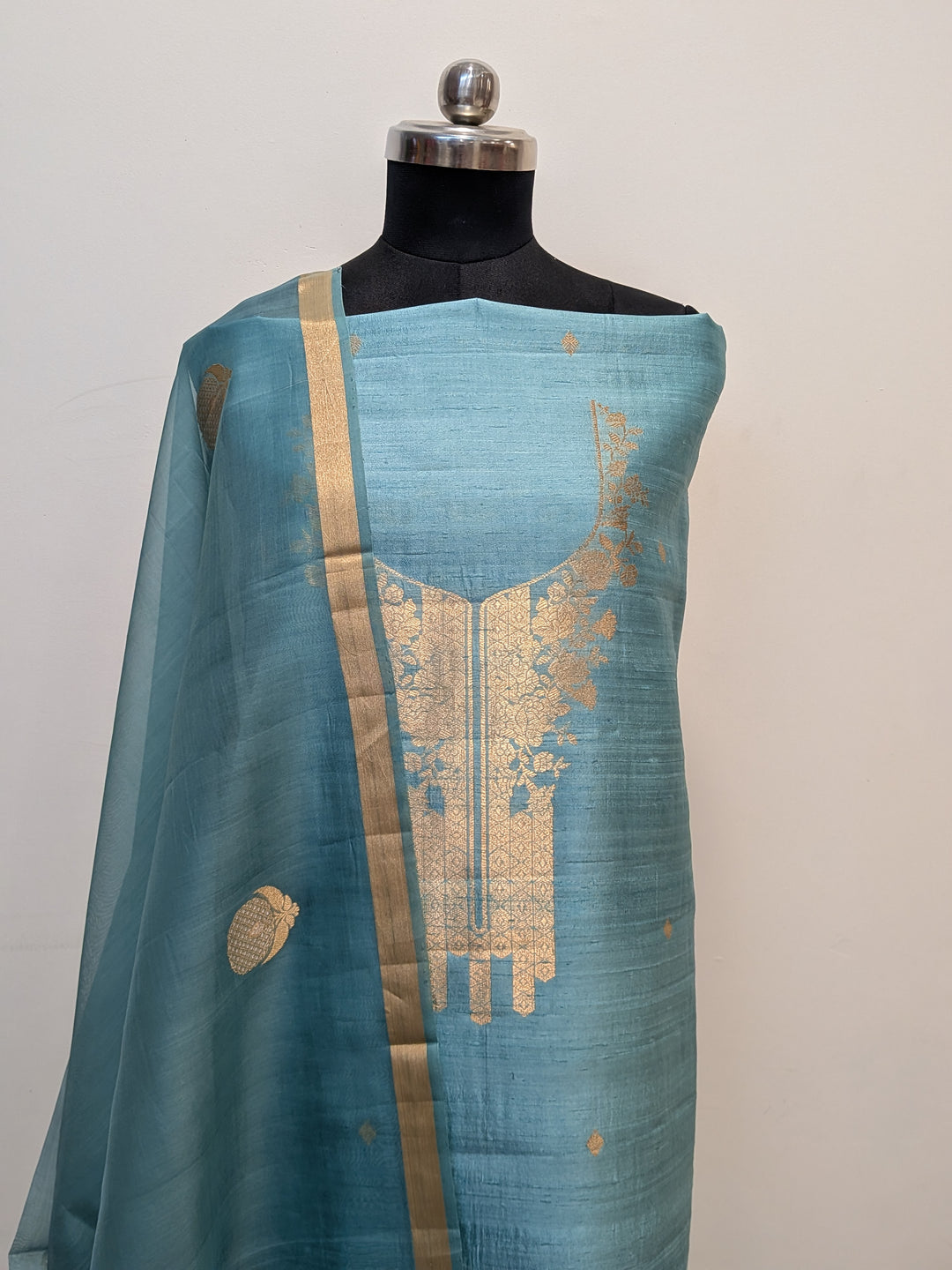 Dusty Aqua Blue Banarasi Raw Silk Unstitched Suit with Kadhwa Work