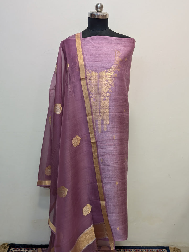 Mauve Banarasi Raw Silk Unstitched Suit with Kadhwa Work
