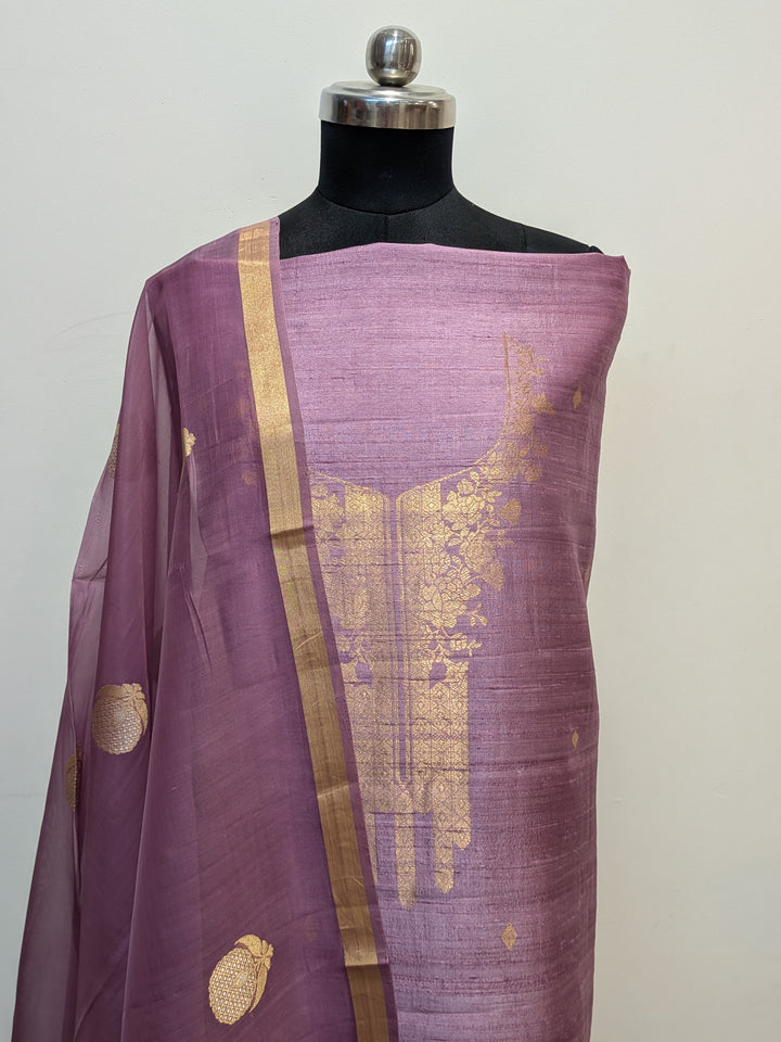 Mauve Banarasi Raw Silk Unstitched Suit with Kadhwa Work