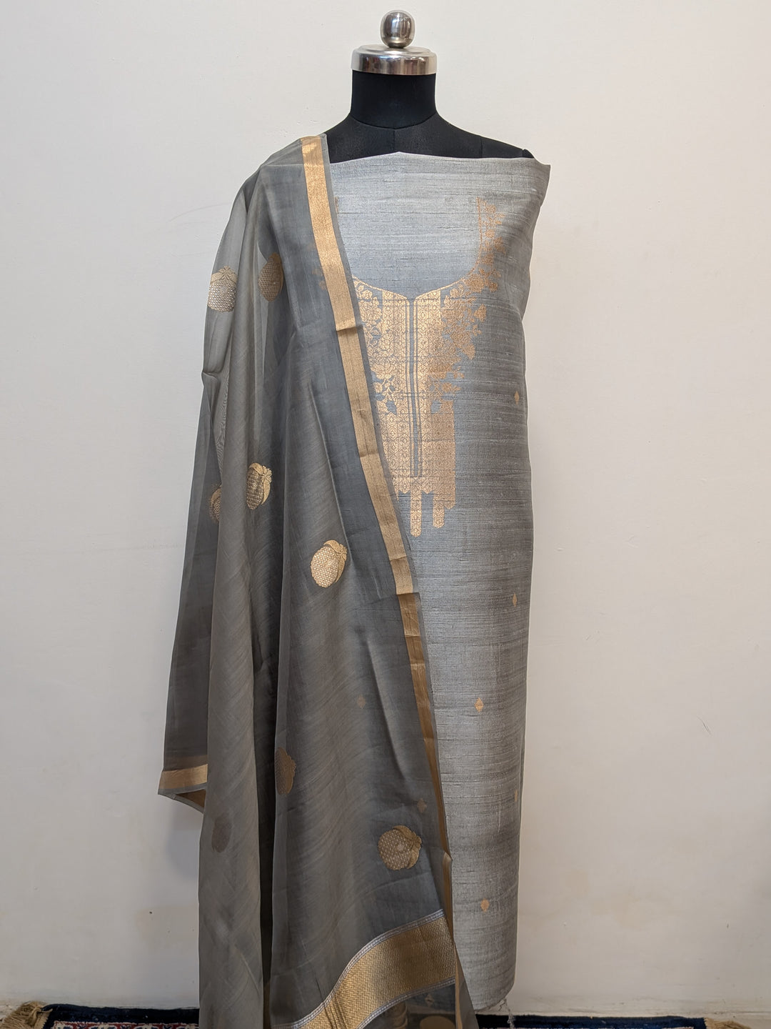 Grey Banarasi Raw Silk Unstitched Suit with Kadhwa Work