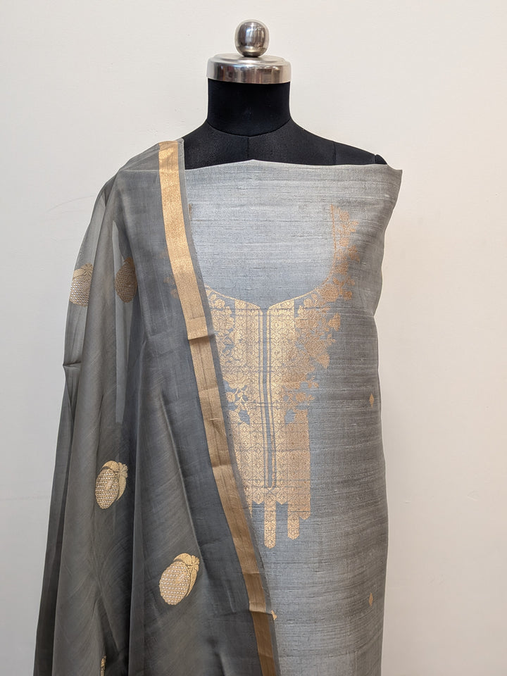 Grey Banarasi Raw Silk Unstitched Suit with Kadhwa Work