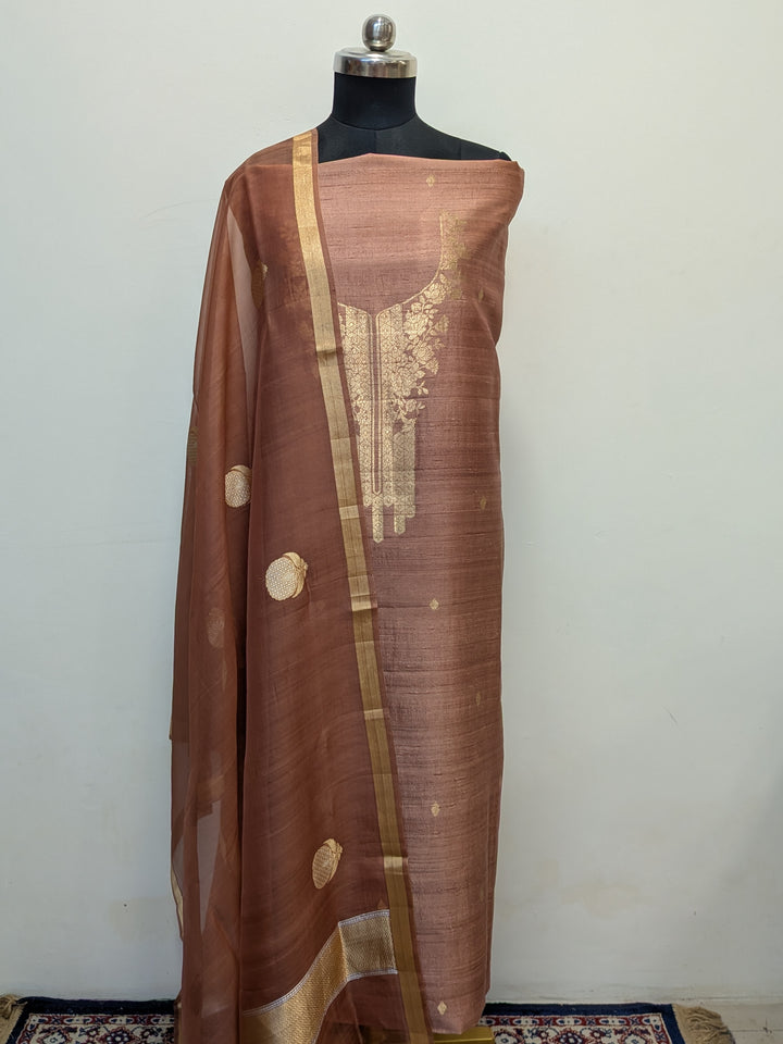 Antique Rose Banarasi Raw Silk Unstitched Suit with Kadhwa Work
