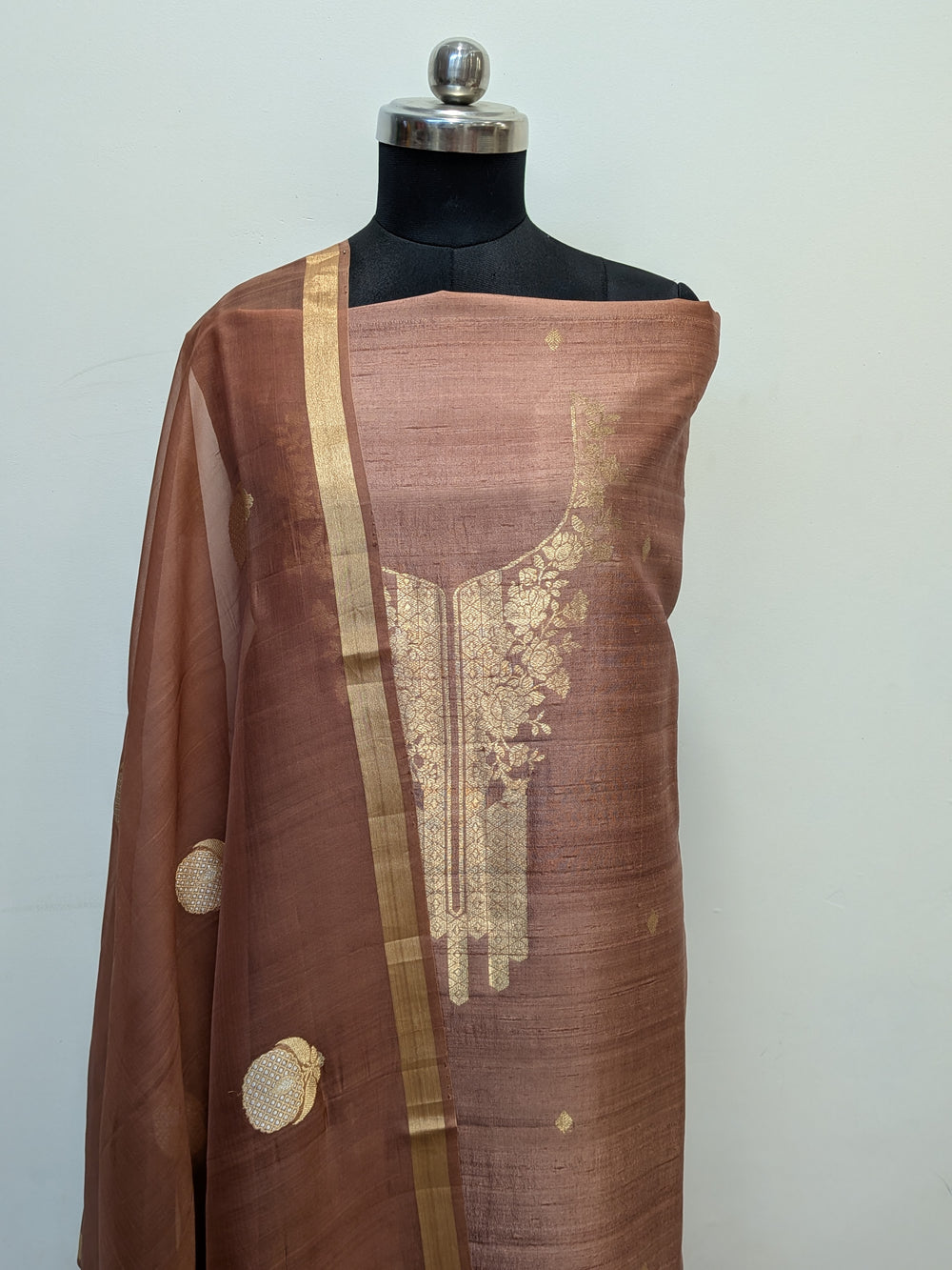 Antique Rose Banarasi Raw Silk Unstitched Suit with Kadhwa Work