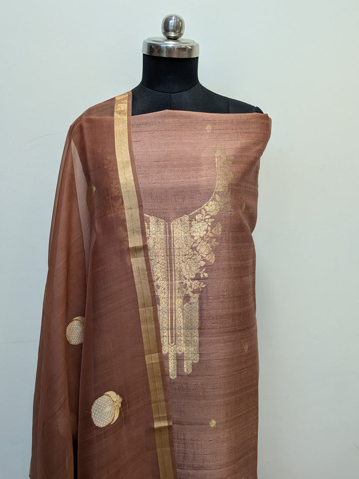 Antique Rose Banarasi Raw Silk Unstitched Suit with Kadhwa Work