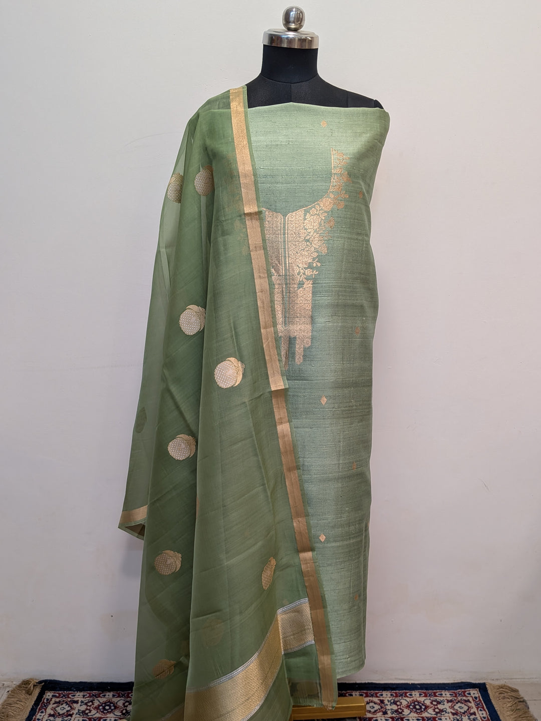 Dusty Pista Green Banarasi Raw Silk Unstitched Suit with Kadhwa Work