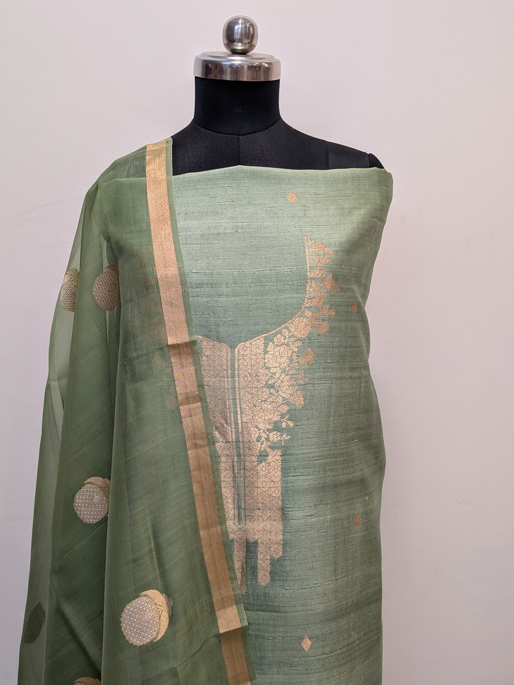 Dusty Pista Green Banarasi Raw Silk Unstitched Suit with Kadhwa Work