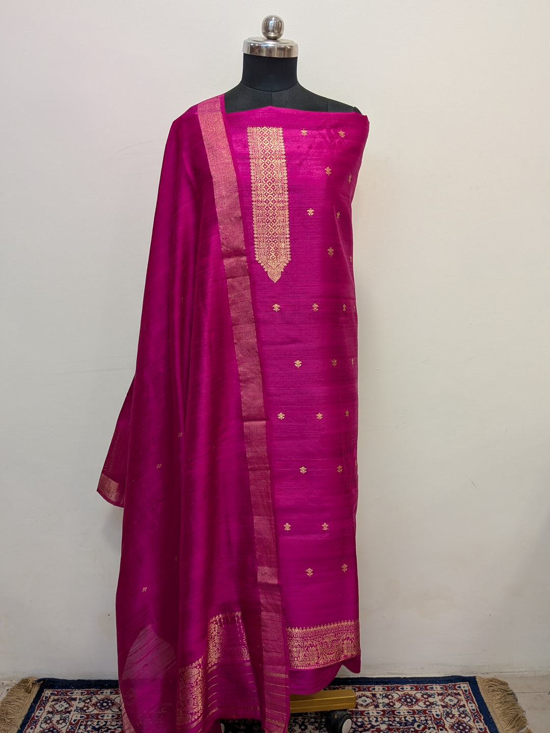 Rani Pink Banarasi Raw Silk Unstitched Suit with Kadhwa Work