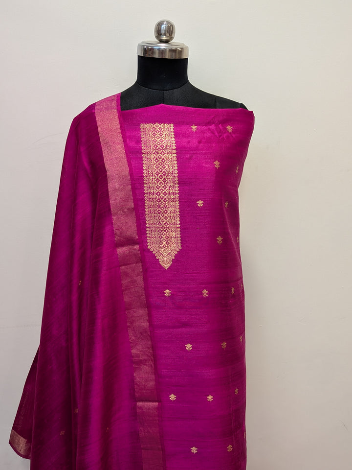 Rani Pink Banarasi Raw Silk Unstitched Suit with Kadhwa Work