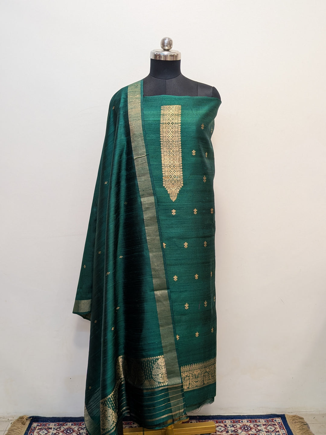Bottle Green Banarasi Raw Silk Unstitched Suit with Kadhwa Work