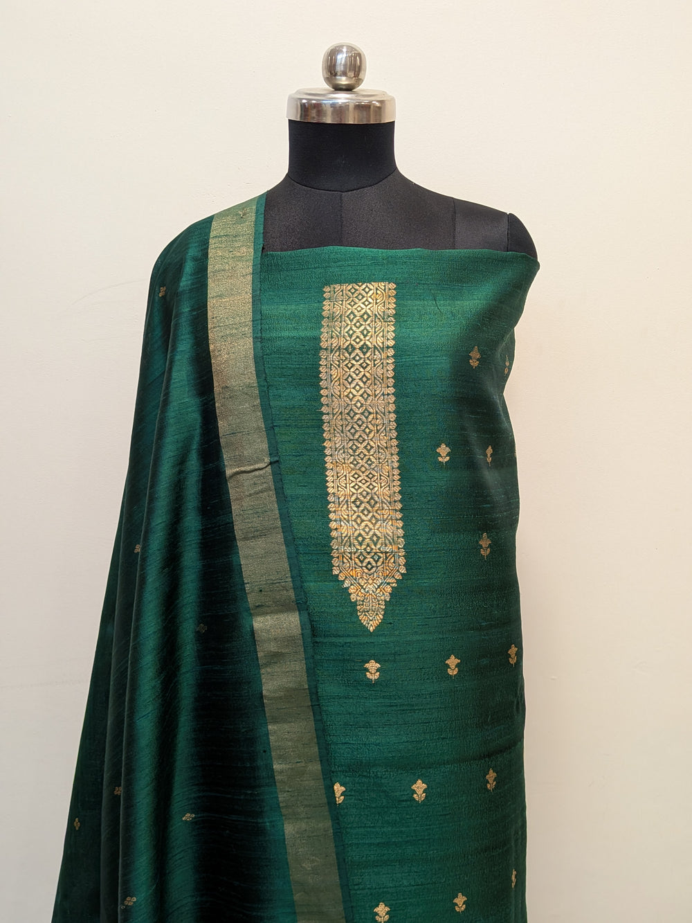 Bottle Green Banarasi Raw Silk Unstitched Suit with Kadhwa Work