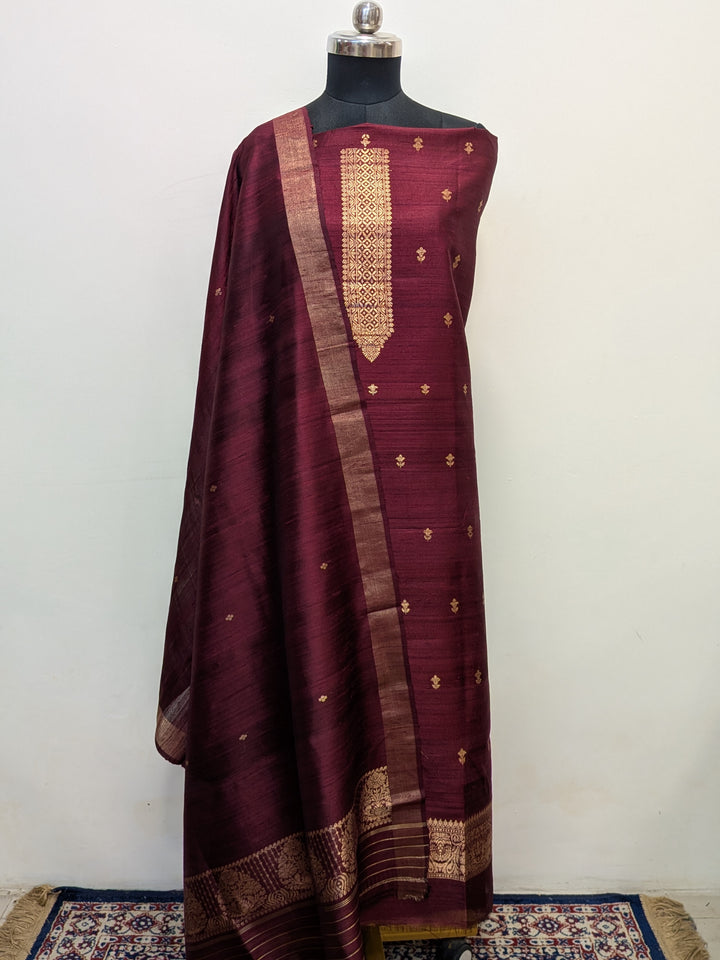 Deep Maroon Banarasi Raw Silk Unstitched Suit with Kadhwa Work
