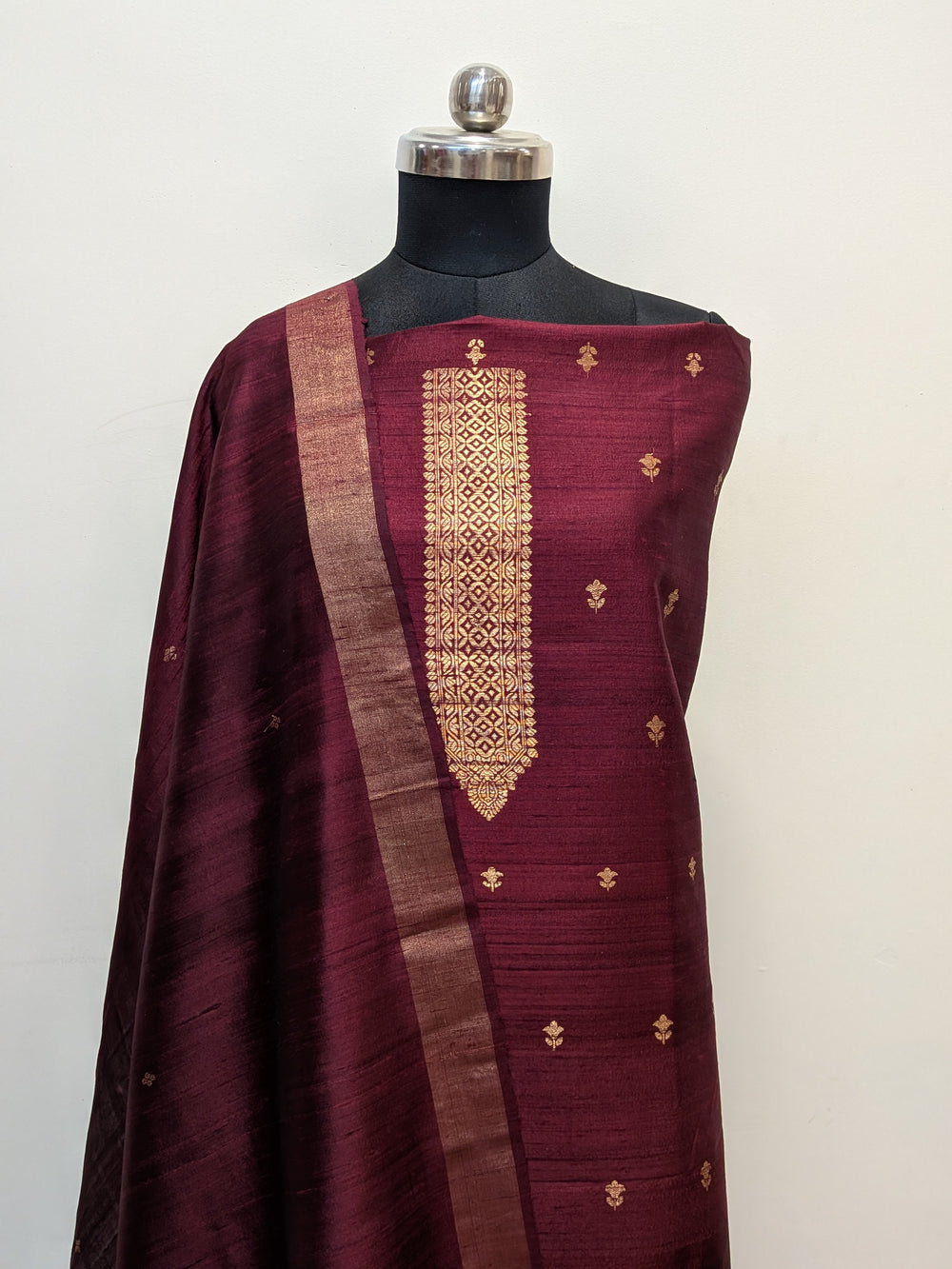 Deep Maroon Banarasi Raw Silk Unstitched Suit with Kadhwa Work
