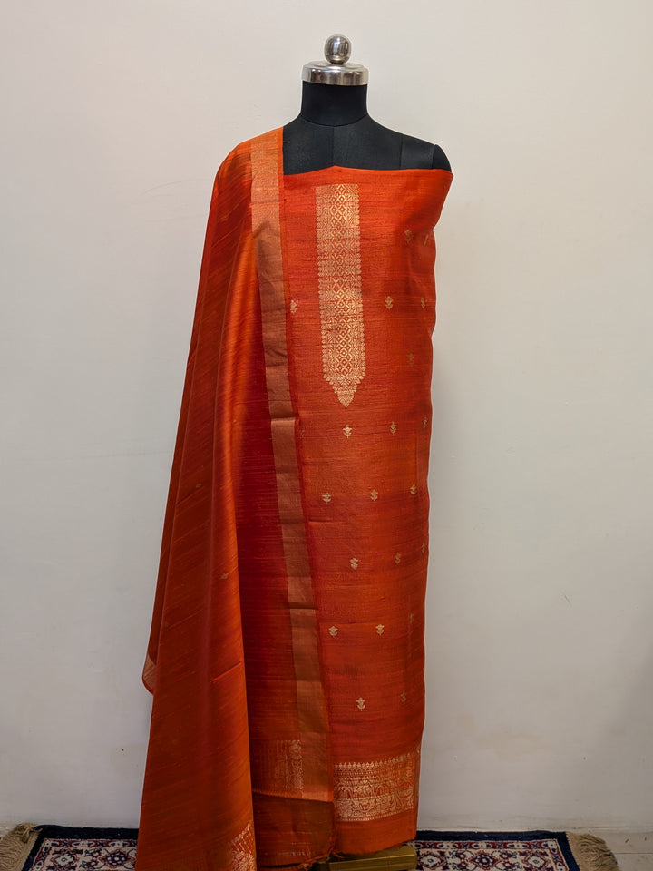 Orange Banarasi Raw Silk Unstitched Suit with Kadhwa Work