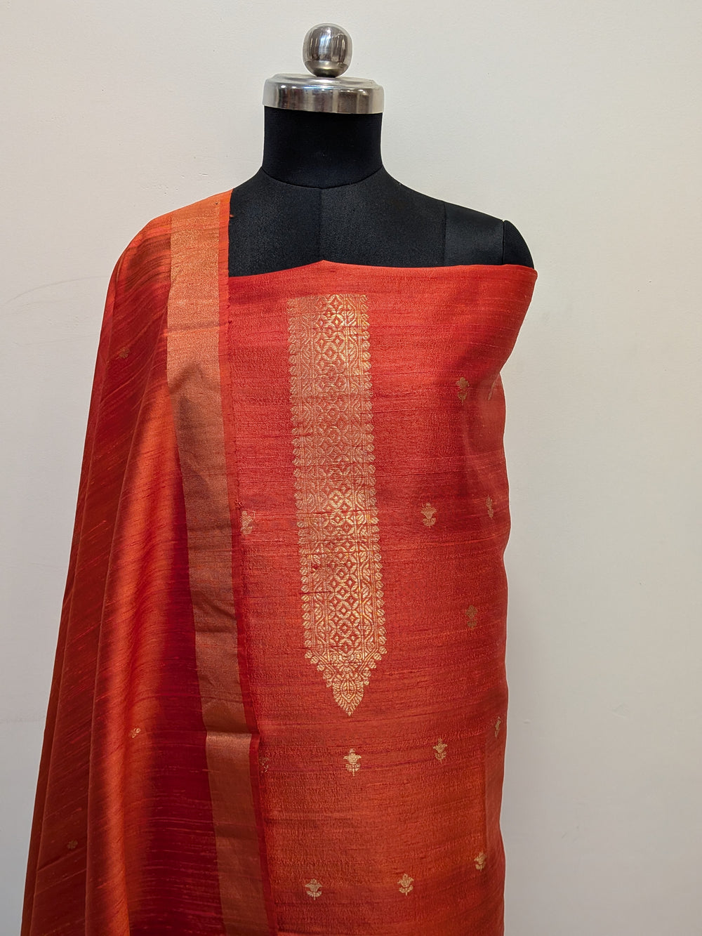 Orange Banarasi Raw Silk Unstitched Suit with Kadhwa Work