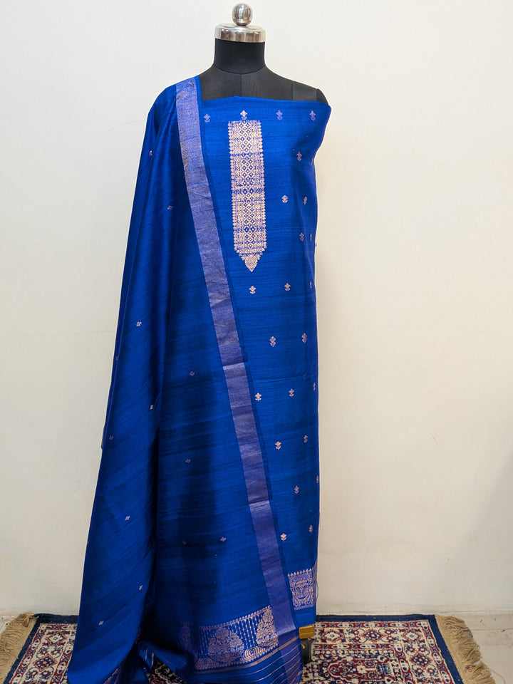 Royal Blue Banarasi Raw Silk Unstitched Suit with Kadhwa Work