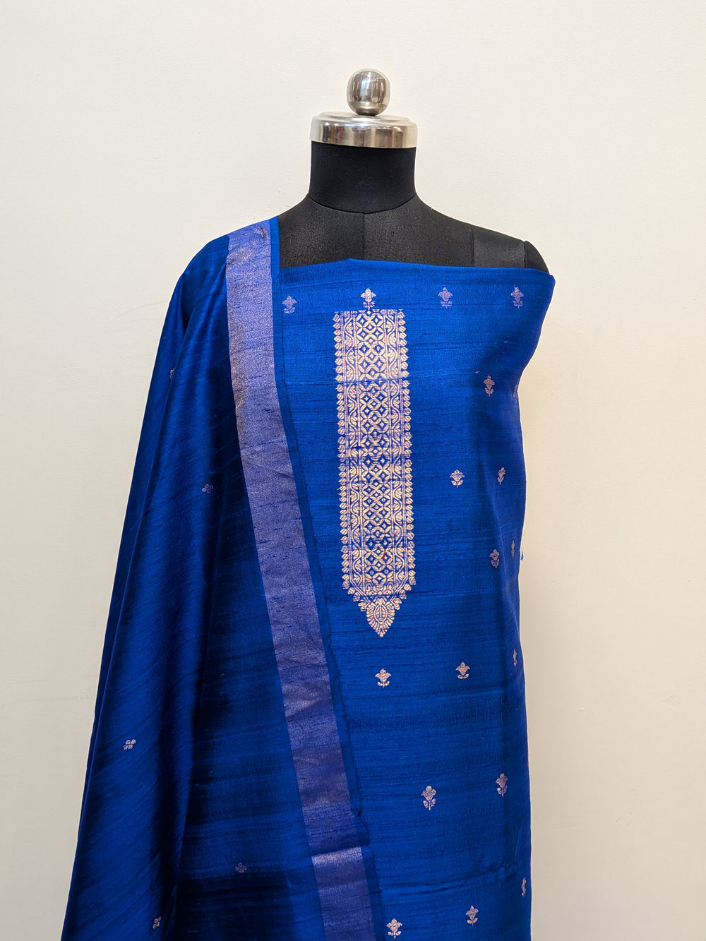Royal Blue Banarasi Raw Silk Unstitched Suit with Kadhwa Work
