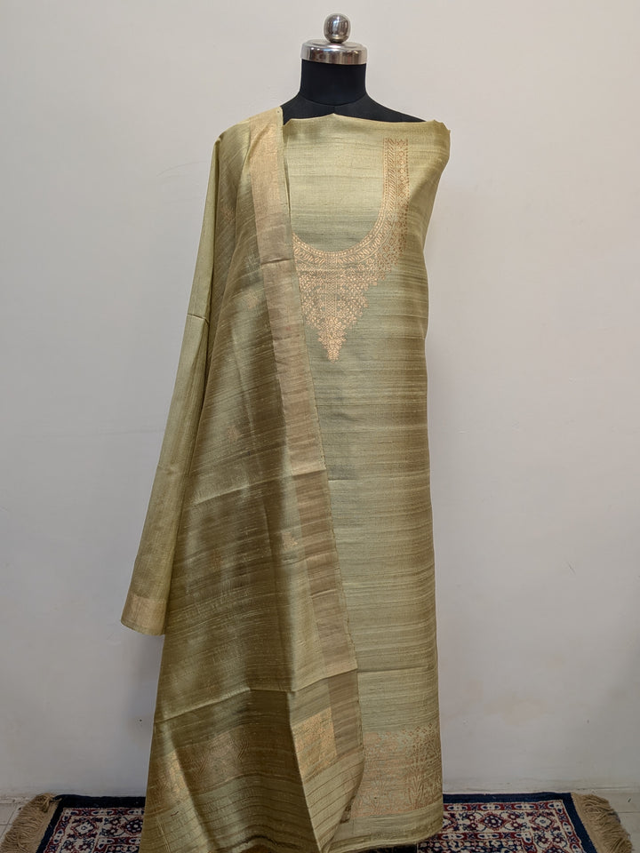 Dusty Olive Green Banarasi Raw Silk Unstitched Suit with Kadhwa Work