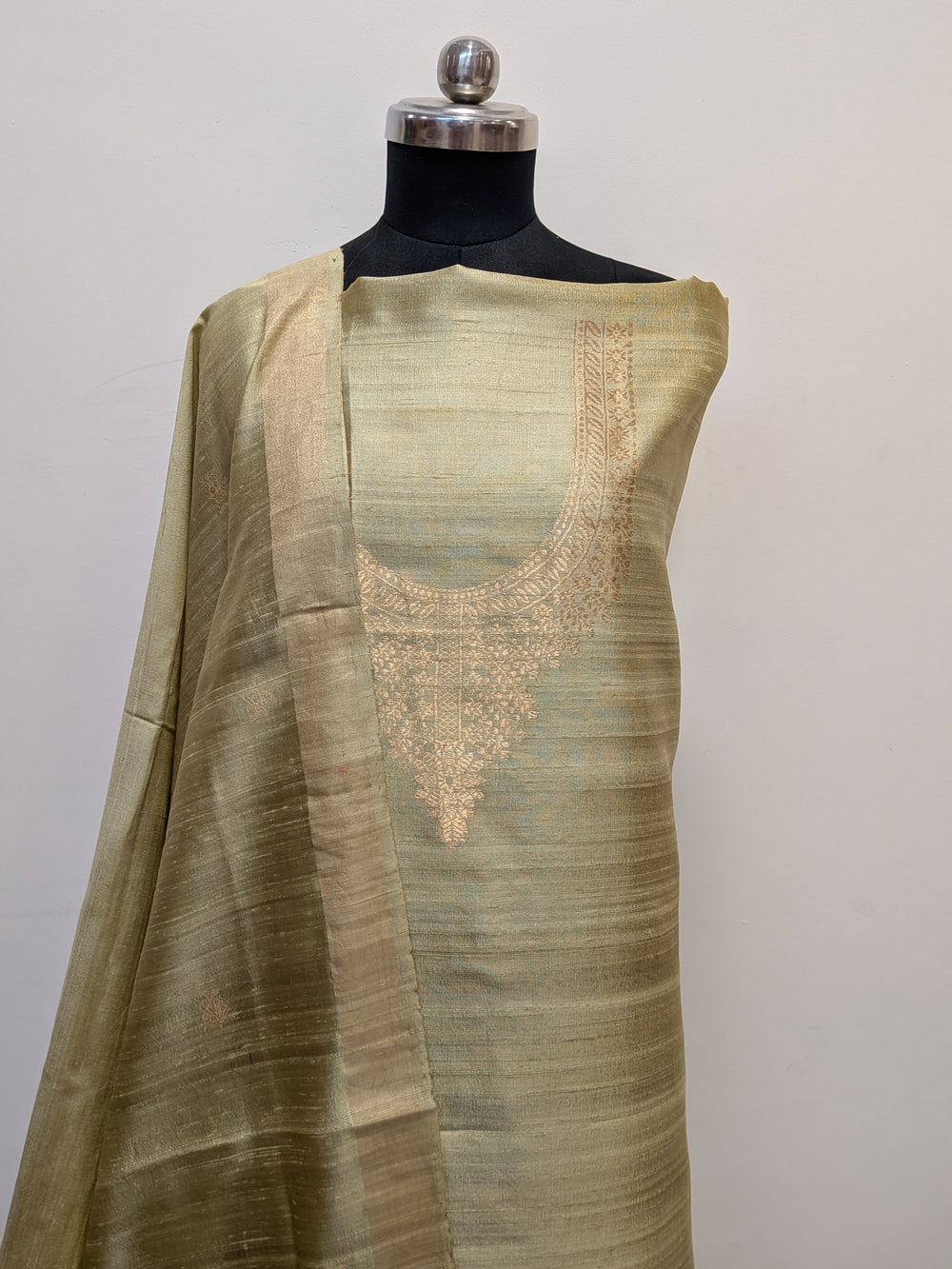 Dusty Olive Green Banarasi Raw Silk Unstitched Suit with Kadhwa Work