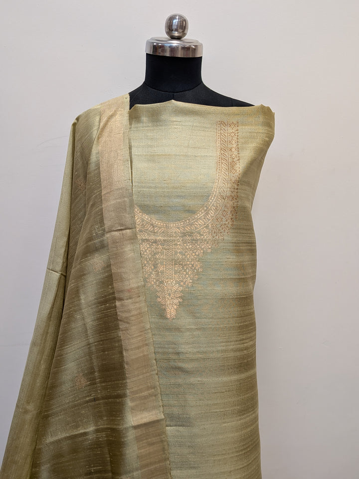 Dusty Olive Green Banarasi Raw Silk Unstitched Suit with Kadhwa Work