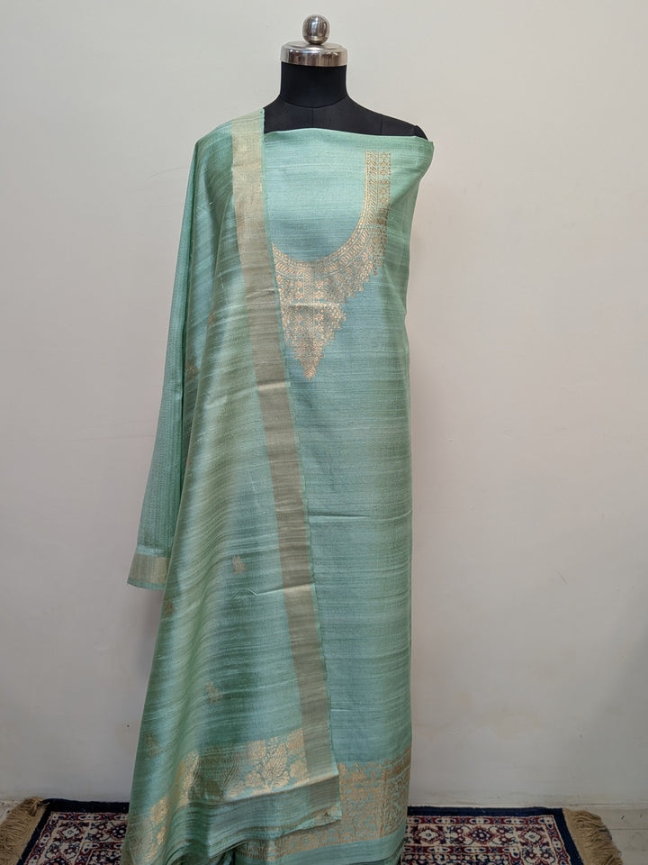 Sage Blue Banarasi Raw Silk Unstitched Suit with Kadhwa Work