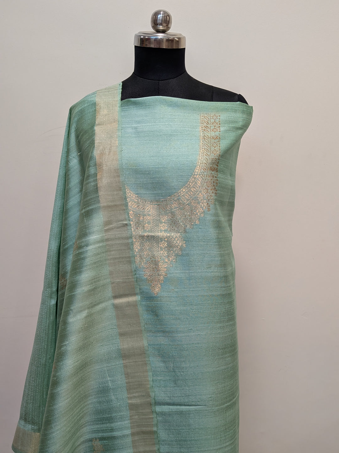 Sage Blue Banarasi Raw Silk Unstitched Suit with Kadhwa Work